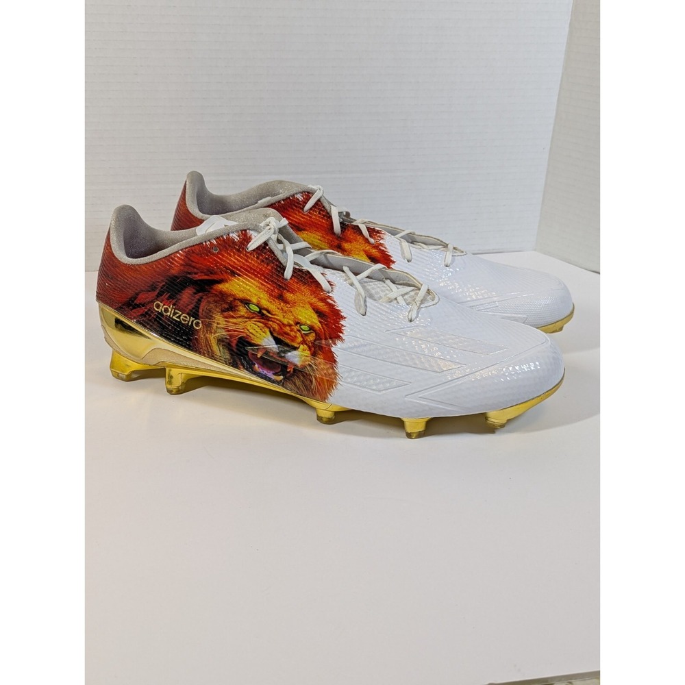 Adizero Football Cleats Lion Graphic Gold Details White Athletic Shoes Size 13.5